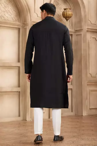 men's black straight kurta pajama with plain banarasi art silk and with lining
