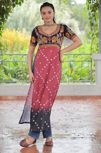 Black rayon badhni print with kutchi gamthi work navratri kurti