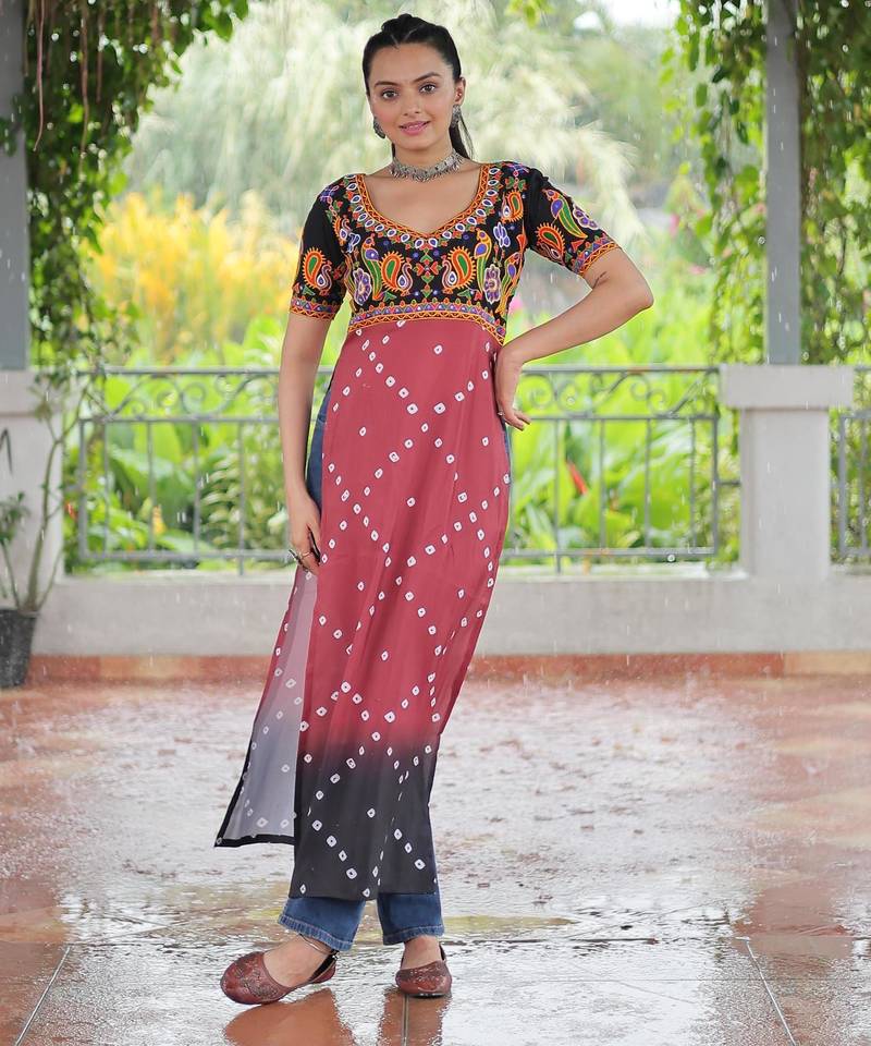 Black rayon badhni print with kutchi gamthi work navratri kurti