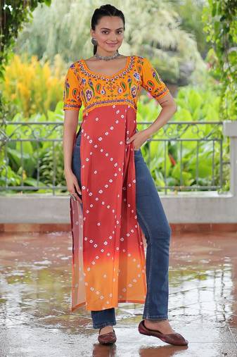 Yellow rayon badhni print with kutchi gamthi work navratri kurti