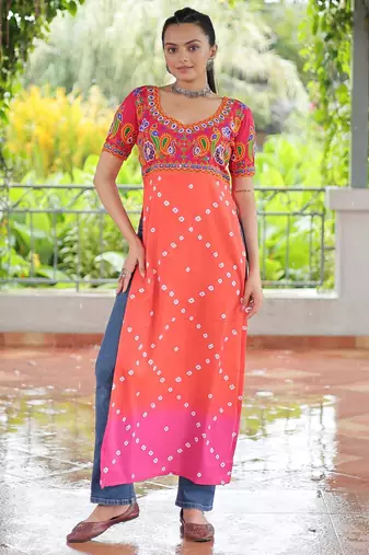 Pink rayon badhni print with kutchi gamthi work navratri kurti