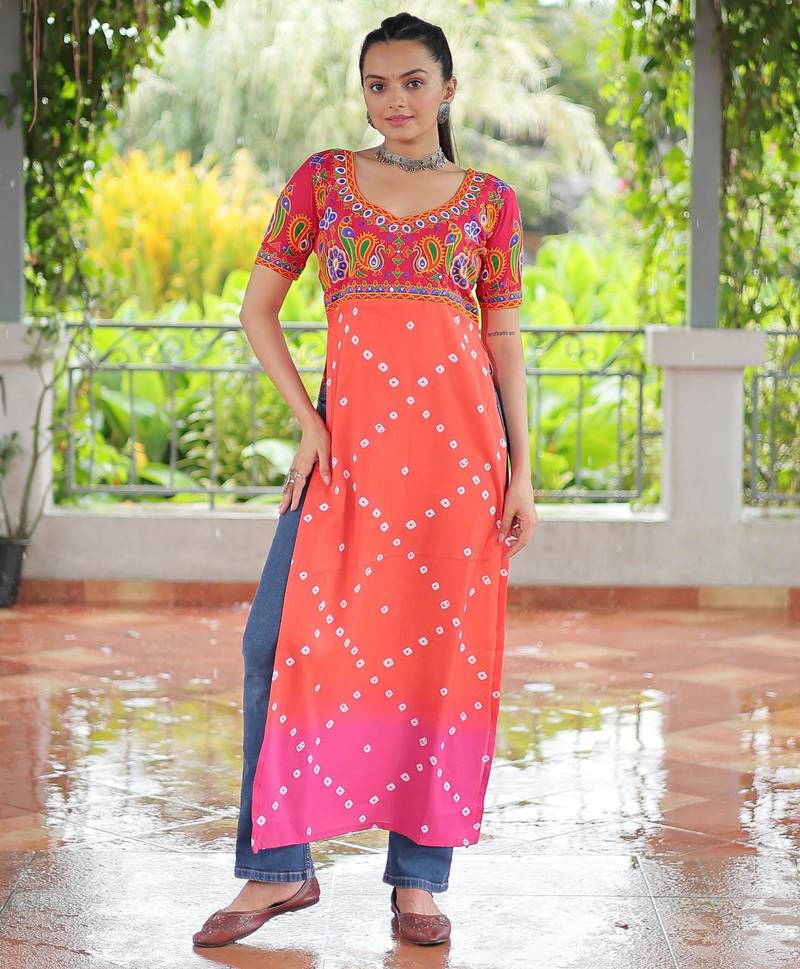 Pink rayon badhni print with kutchi gamthi work navratri kurti
