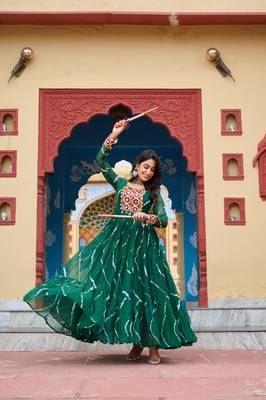 Green faux georgette laheriya print with kutchi patche work navratri gown 1
