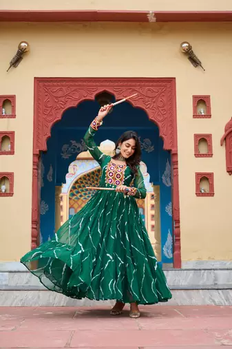 Green faux georgette laheriya print with kutchi patche work navratri gown