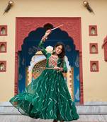 Green faux georgette laheriya print with kutchi patche work navratri gown