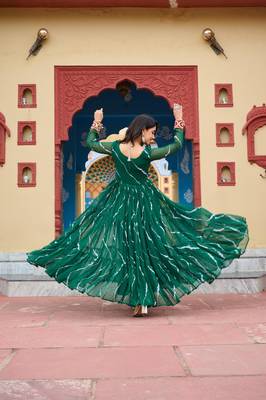 Green faux georgette laheriya print with kutchi patche work navratri gown 3