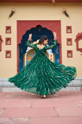Green faux georgette laheriya print with kutchi patche work navratri gown