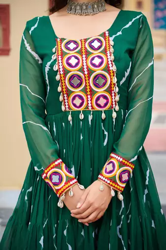 Green faux georgette laheriya print with kutchi patche work navratri gown