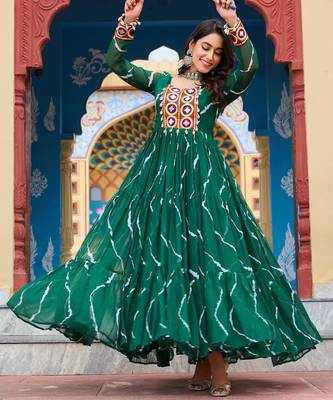 Green faux georgette laheriya print with kutchi patche work navratri gown 5