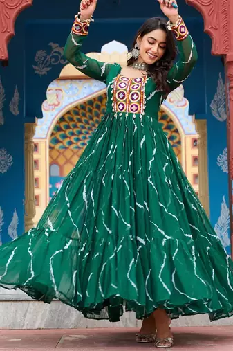 Green faux georgette laheriya print with kutchi patche work navratri gown