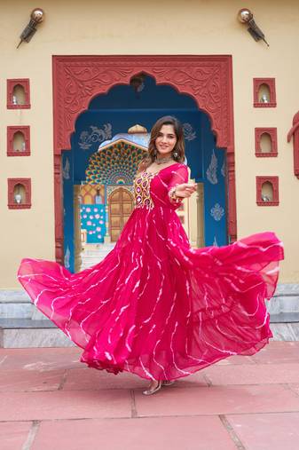 Pink faux georgette laheriya print with kutchi patche work navratri gown