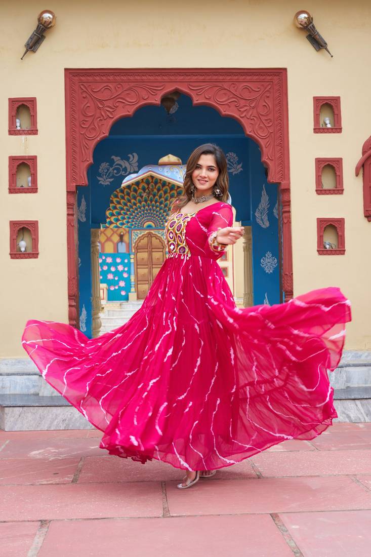 Pink faux georgette laheriya print with kutchi patche work navratri gown