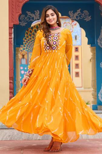 Yellow faux georgette laheriya print with kutchi patche work navratri gown