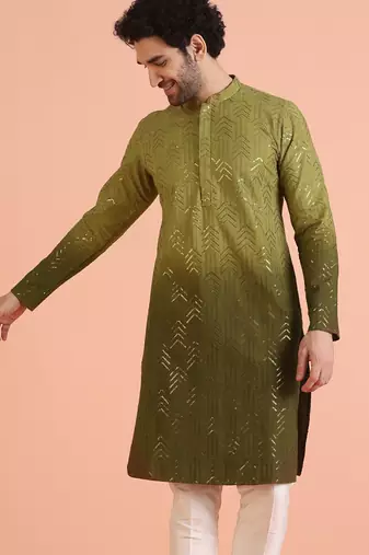 Men's green embellished kurta