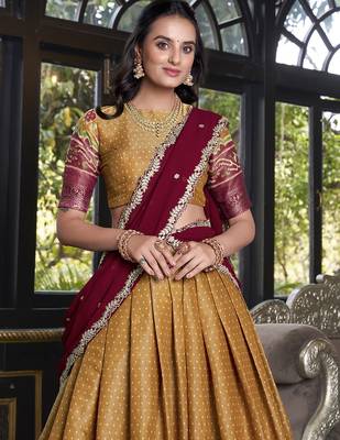 mustard Kanchipuram Printed lehenga choli with Intricate Zari Weaving 1