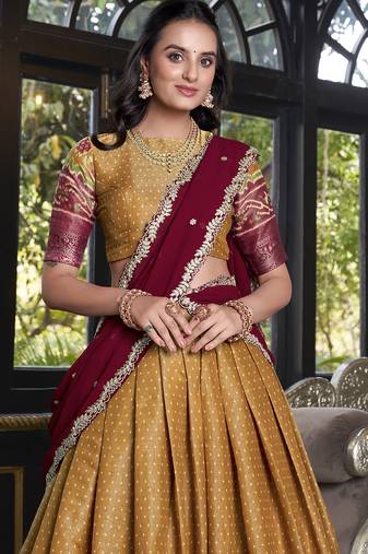 mustard Kanchipuram Printed lehenga choli with Intricate Zari Weaving