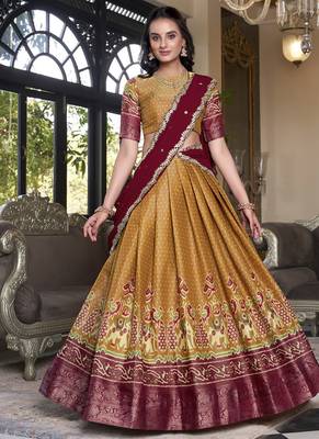 mustard Kanchipuram Printed lehenga choli with Intricate Zari Weaving 3