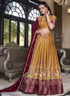 mustard Kanchipuram Printed lehenga choli with Intricate Zari Weaving 4