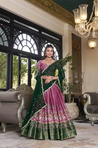 pink Kanchipuram Printed lehenga choli with Intricate Zari Weaving