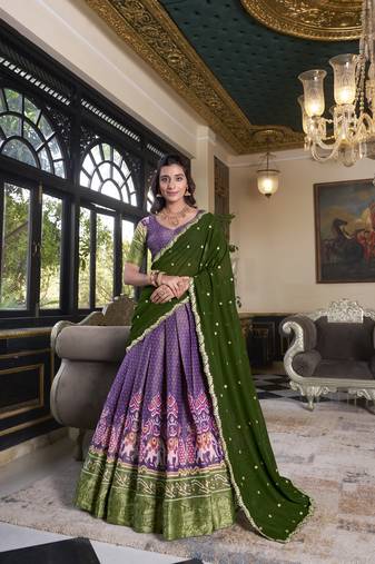 purple Kanchipuram Printed lehenga choli with Intricate Zari Weaving