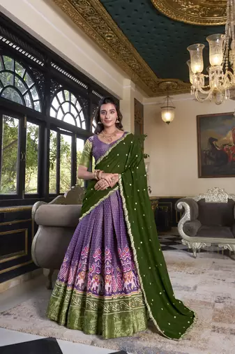 purple Kanchipuram Printed lehenga choli with Intricate Zari Weaving