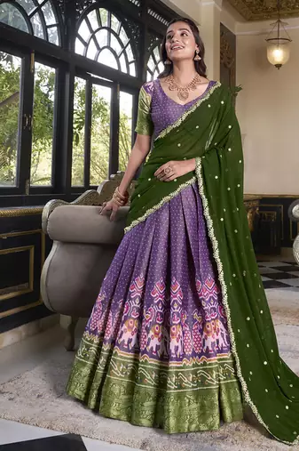purple Kanchipuram Printed lehenga choli with Intricate Zari Weaving