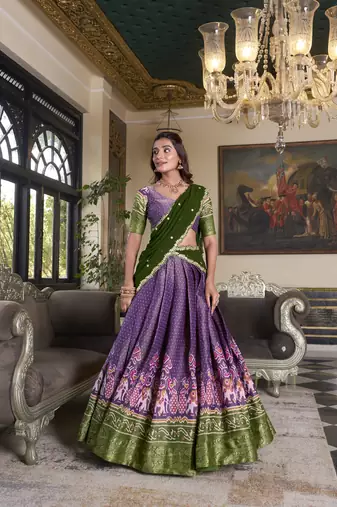 purple Kanchipuram Printed lehenga choli with Intricate Zari Weaving