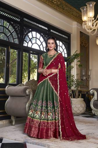 green Kanchipuram Printed lehenga choli with Intricate Zari Weaving