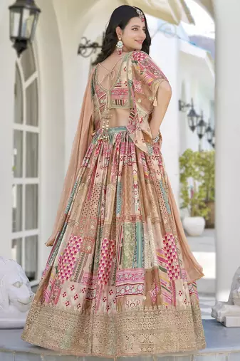 BEIGE CHINNON SILK DIGITAL PRINT & ZARI DORI EMBROIDERED PARTY BRIDAL INDIAN WEDDING FESTIVE SEMI STITCHED LEHENGA CHOLI