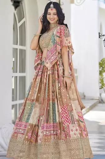 BEIGE CHINNON SILK DIGITAL PRINT & ZARI DORI EMBROIDERED PARTY BRIDAL INDIAN WEDDING FESTIVE SEMI STITCHED LEHENGA CHOLI