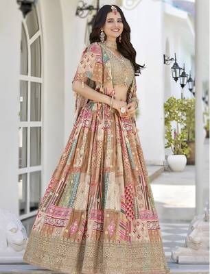 BEIGE CHINNON SILK DIGITAL PRINT & ZARI DORI EMBROIDERED PARTY BRIDAL INDIAN WEDDING FESTIVE SEMI STITCHED LEHENGA CHOLI 6