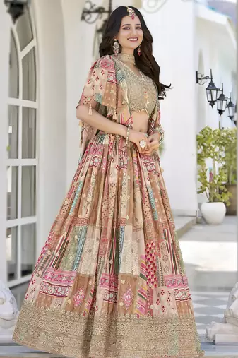 BEIGE CHINNON SILK DIGITAL PRINT & ZARI DORI EMBROIDERED PARTY BRIDAL INDIAN WEDDING FESTIVE SEMI STITCHED LEHENGA CHOLI