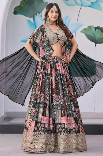 BLACK CHINNON SILK DIGITAL PRINT & ZARI DORI EMBROIDERED SEMI STITCHED LEHENGA CHOLI