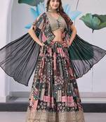 BLACK CHINNON SILK DIGITAL PRINT & ZARI DORI EMBROIDERED PARTY BRIDAL INDIAN WEDDING FESTIVE SEMI STITCHED LEHENGA CHOLI