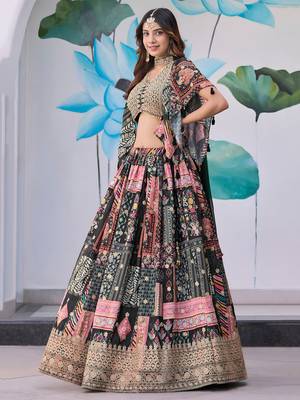 BLACK CHINNON SILK DIGITAL PRINT & ZARI DORI EMBROIDERED PARTY BRIDAL INDIAN WEDDING FESTIVE SEMI STITCHED LEHENGA CHOLI 5