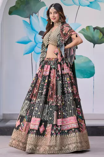 BLACK CHINNON SILK DIGITAL PRINT & ZARI DORI EMBROIDERED PARTY BRIDAL INDIAN WEDDING FESTIVE SEMI STITCHED LEHENGA CHOLI