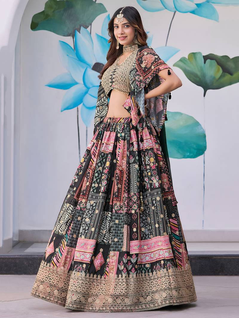 BLACK CHINNON SILK DIGITAL PRINT & ZARI DORI EMBROIDERED PARTY BRIDAL INDIAN WEDDING FESTIVE SEMI STITCHED LEHENGA CHOLI