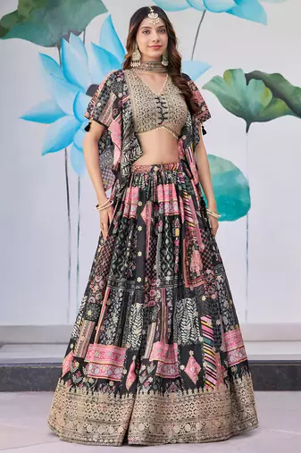 BLACK CHINNON SILK DIGITAL PRINT & ZARI DORI EMBROIDERED PARTY BRIDAL INDIAN WEDDING FESTIVE SEMI STITCHED LEHENGA CHOLI