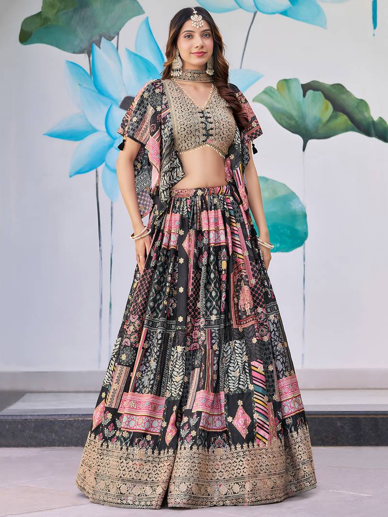 BLACK CHINNON SILK DIGITAL PRINT & ZARI DORI EMBROIDERED PARTY BRIDAL INDIAN WEDDING FESTIVE SEMI STITCHED LEHENGA CHOLI