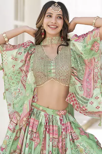 GREEN CHINNON SILK DIGITAL PRINT & ZARI DORI EMBROIDERED PARTY BRIDAL INDIAN WEDDING FESTIVE SEMI STITCHED LEHENGA CHOLI