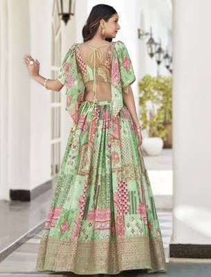 GREEN CHINNON SILK DIGITAL PRINT & ZARI DORI EMBROIDERED PARTY BRIDAL INDIAN WEDDING FESTIVE SEMI STITCHED LEHENGA CHOLI 4