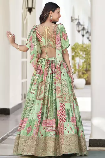 GREEN CHINNON SILK DIGITAL PRINT & ZARI DORI EMBROIDERED PARTY BRIDAL INDIAN WEDDING FESTIVE SEMI STITCHED LEHENGA CHOLI