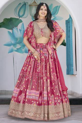 PINK CHINNON SILK DIGITAL PRINT & ZARI DORI EMBROIDERED PARTY BRIDAL INDIAN WEDDING FESTIVE SEMI STITCHED LEHENGA CHOLI