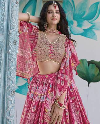 PINK CHINNON SILK DIGITAL PRINT & ZARI DORI EMBROIDERED PARTY BRIDAL INDIAN WEDDING FESTIVE SEMI STITCHED LEHENGA CHOLI 3