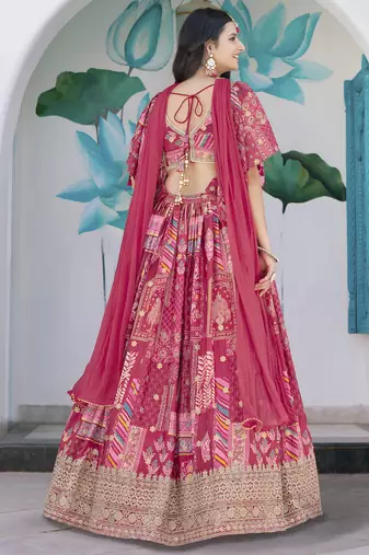 PINK CHINNON SILK DIGITAL PRINT & ZARI DORI EMBROIDERED PARTY BRIDAL INDIAN WEDDING FESTIVE SEMI STITCHED LEHENGA CHOLI