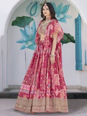 PINK CHINNON SILK DIGITAL PRINT & ZARI DORI EMBROIDERED PARTY BRIDAL INDIAN WEDDING FESTIVE SEMI STITCHED LEHENGA CHOLI 5