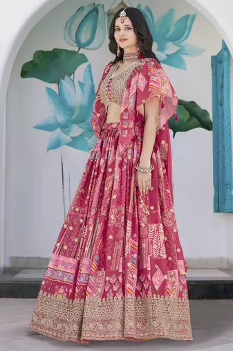 PINK CHINNON SILK DIGITAL PRINT & ZARI DORI EMBROIDERED PARTY BRIDAL INDIAN WEDDING FESTIVE SEMI STITCHED LEHENGA CHOLI