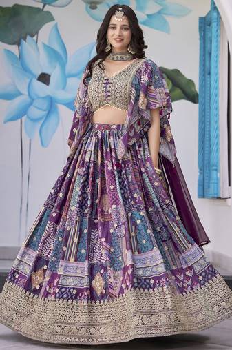 PURPLE CHINNON SILK DIGITAL PRINT & ZARI DORI EMBROIDERED PARTY WEAR INDIAN WEDDING FESTIVE SEMI STITCHED LEHENGA CHOLI
