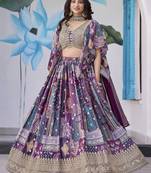PURPLE CHINNON SILK DIGITAL PRINT & ZARI DORI EMBROIDERED PARTY WEAR INDIAN WEDDING FESTIVE SEMI STITCHED LEHENGA CHOLI