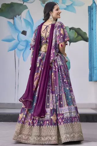 PURPLE CHINNON SILK DIGITAL PRINT & ZARI DORI EMBROIDERED PARTY WEAR INDIAN WEDDING FESTIVE SEMI STITCHED LEHENGA CHOLI